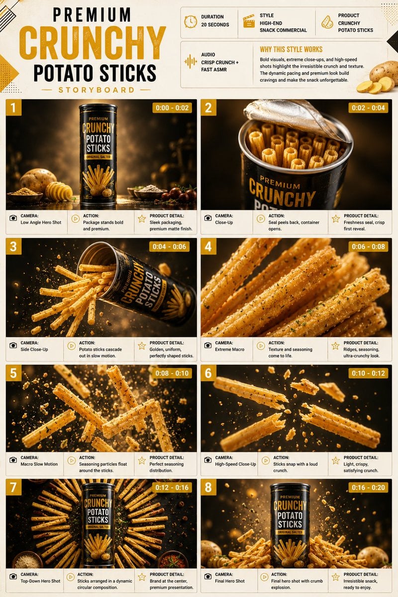 Premium Snack Commercial Storyboard — AI image template example
