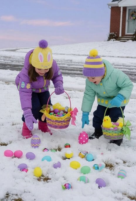 Grok Imagine Prompt: Render two kids outside dressed in winter coats and toques in traditional Easte