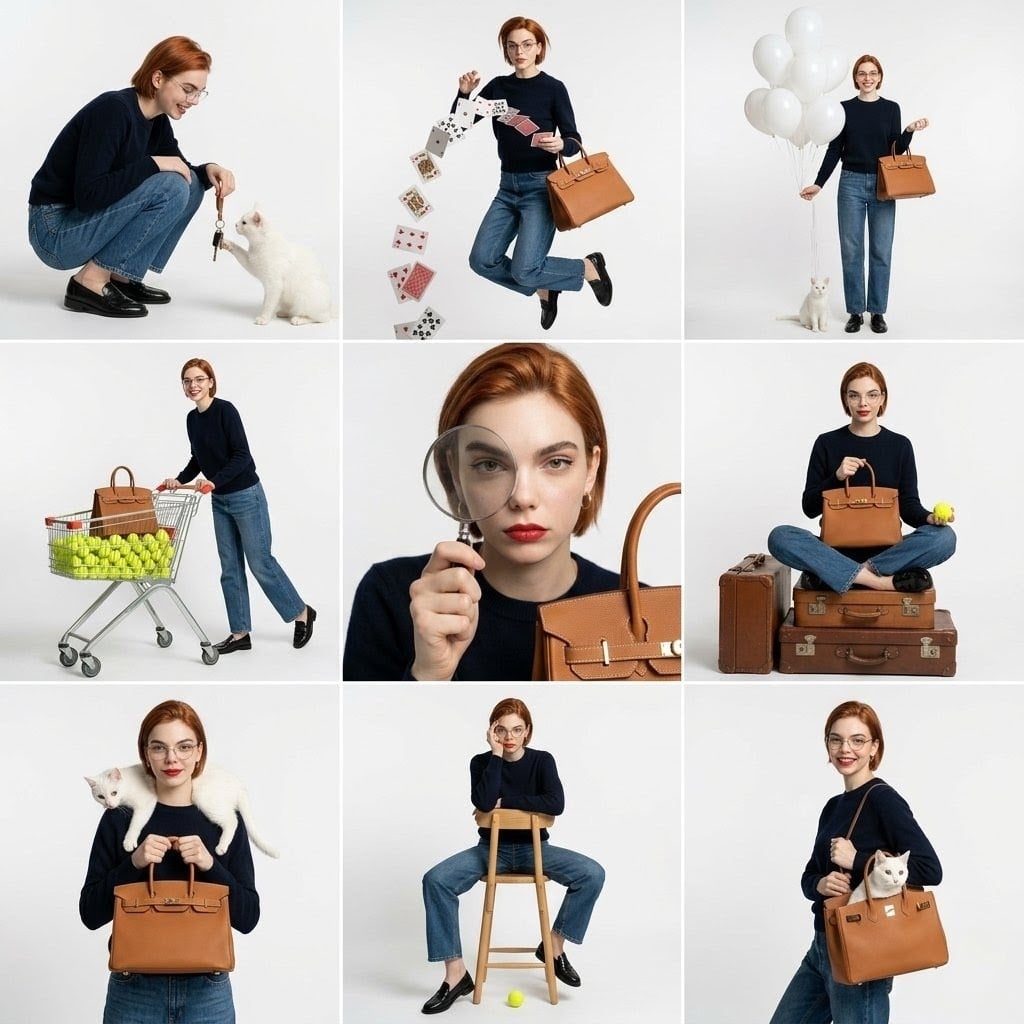 Studio fashion collage, 3x3 grid layout, same subject repeated — AI image template example