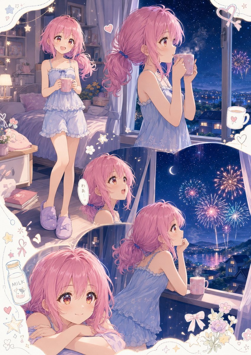 Anime Summer Night Fireworks Collage — AI image template example