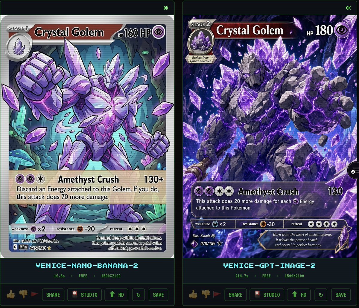 Crystal Golem Card Comparison UI