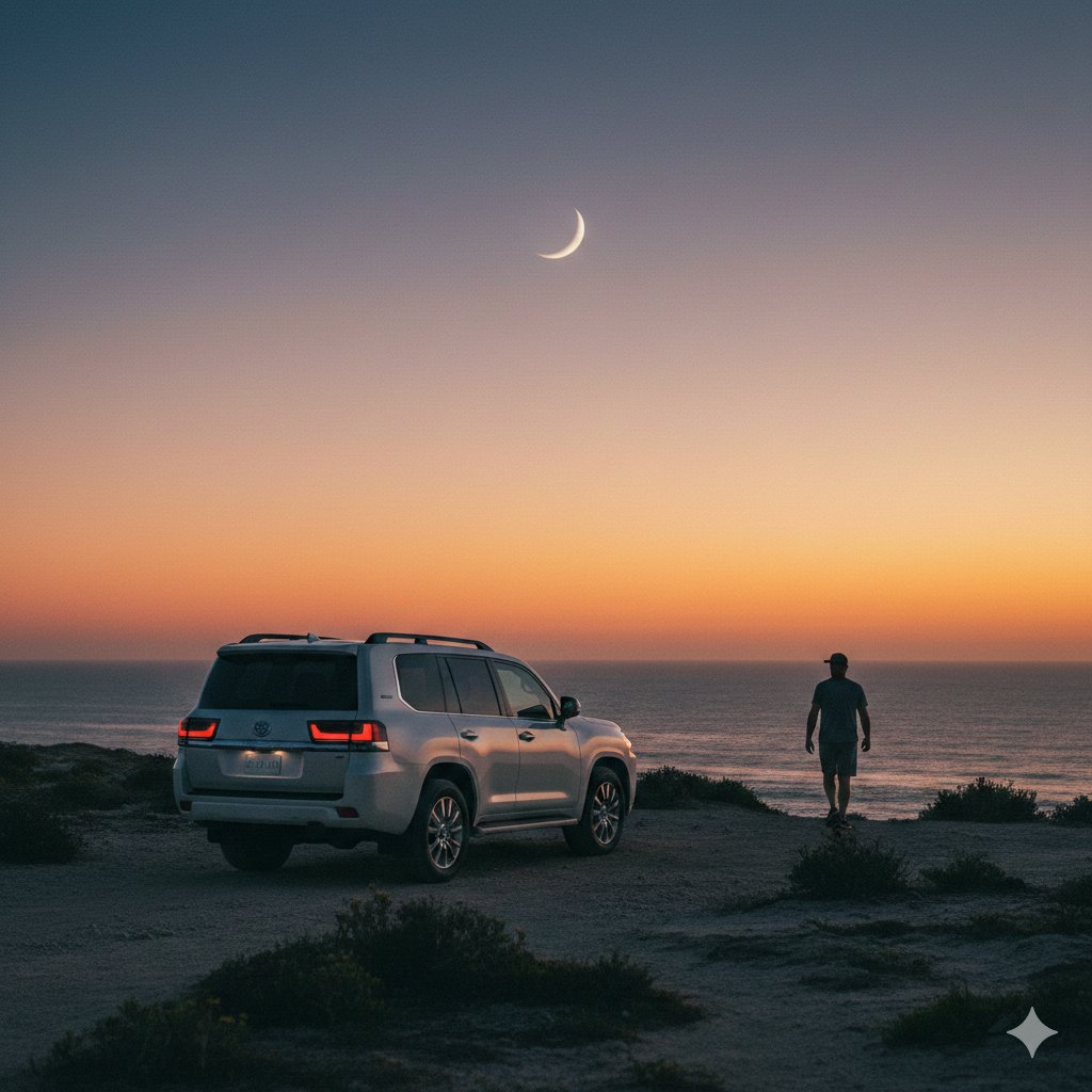 Cinematic Twilight Coastal Landscape with Toyota Land Cruiser