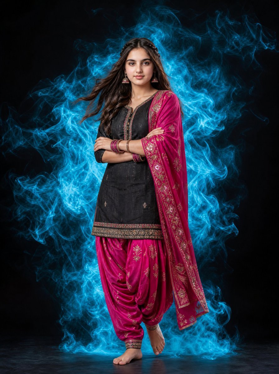 Indian Woman Portrait with Cyan Smoke — AI image template example