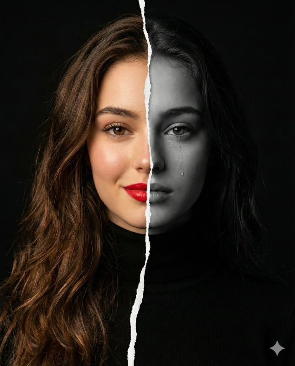 A high-resolution conceptual portrait of a woman s face vertically split — AI image template example