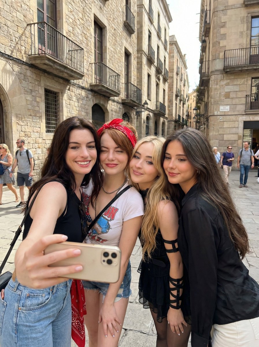 Group Selfie of Four Women in Barcelona