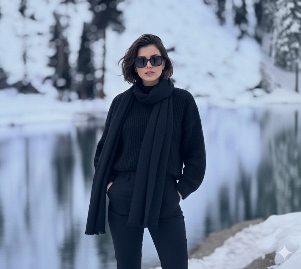 Photorealistic portrait of a stylish woman in a snowy landscape