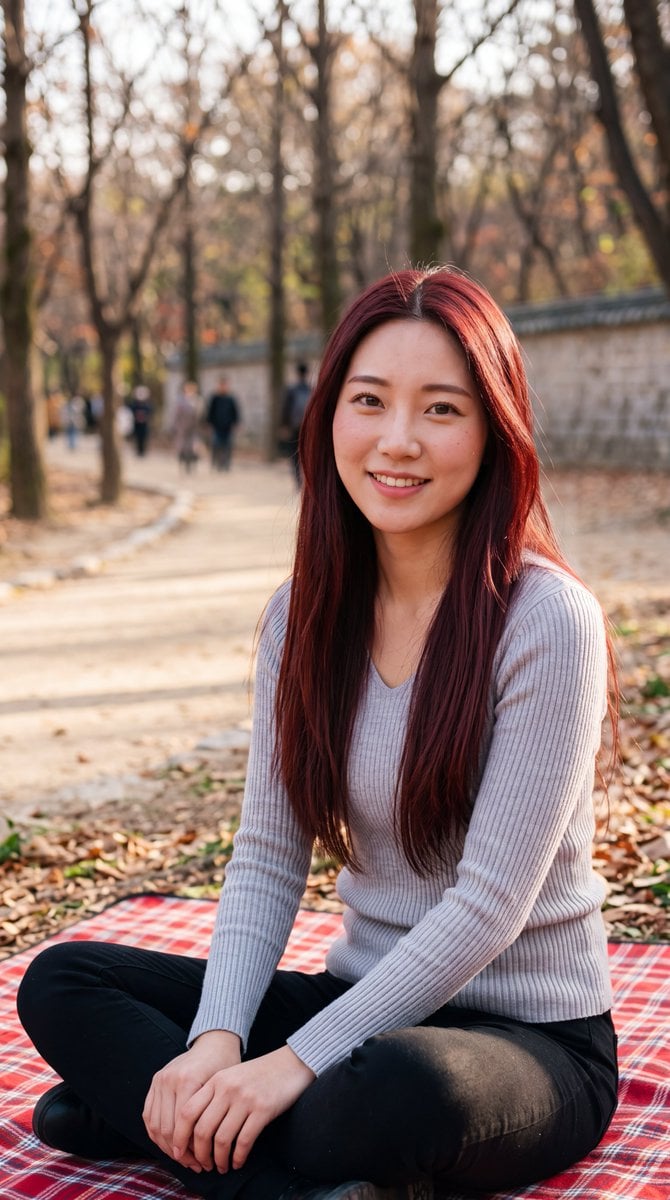 Burgundy Hair Portrait in Park — AI image template example