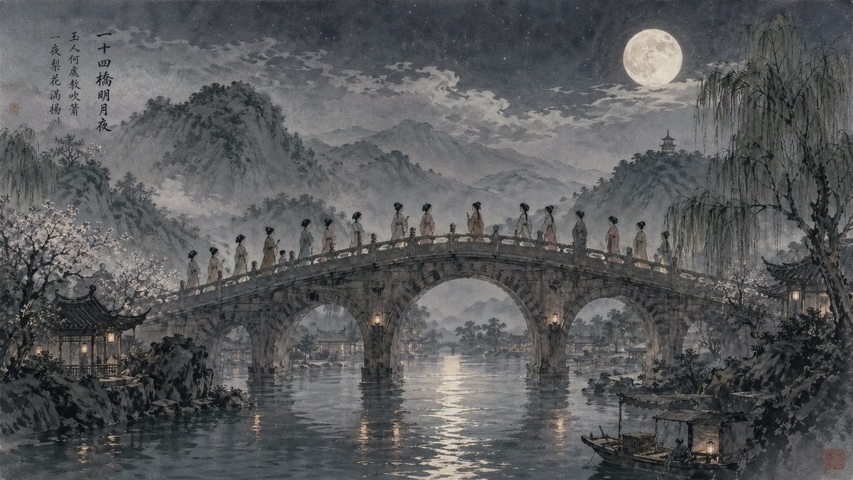Moonlit Twenty-Four Bridges Painting