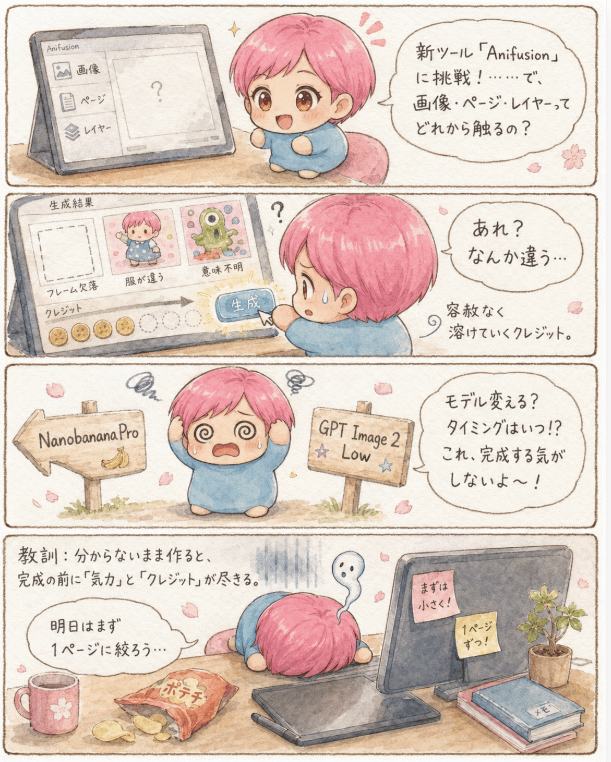 AI Manga Tool Struggle Comic — AI image template example