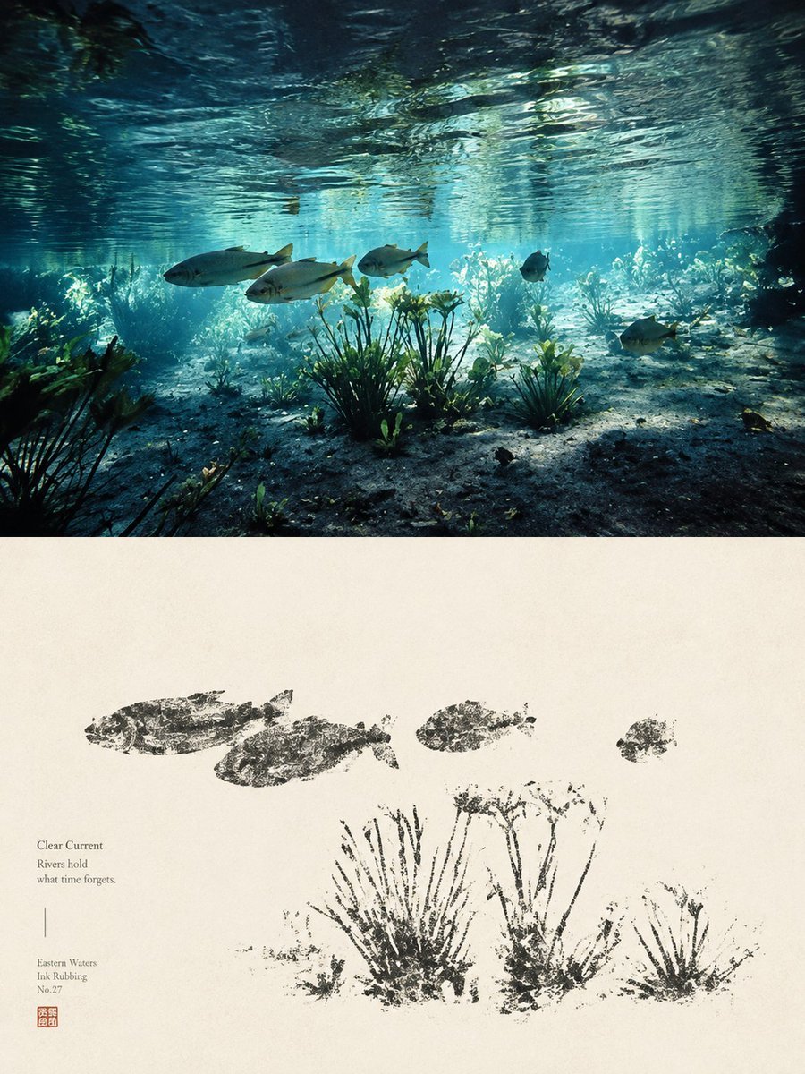 Underwater River Ink Rubbing Diptych