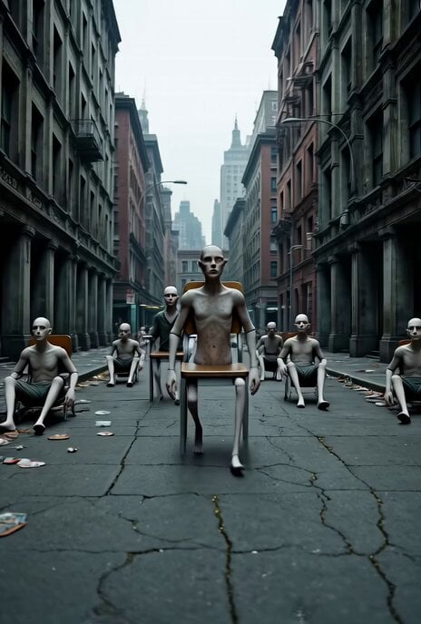 Grok Imagine prompt: Dystopia of living chairs