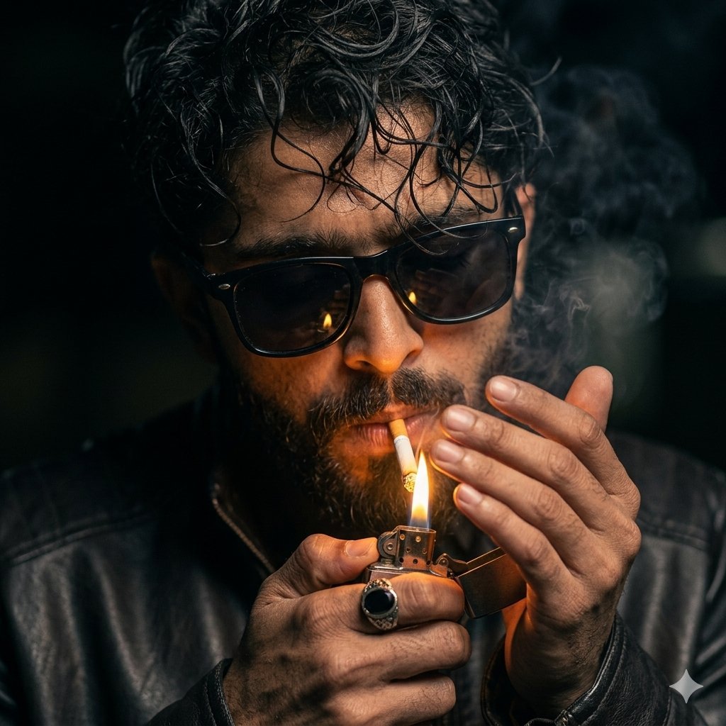 Moody Cinematic Portrait with Lighter Flame