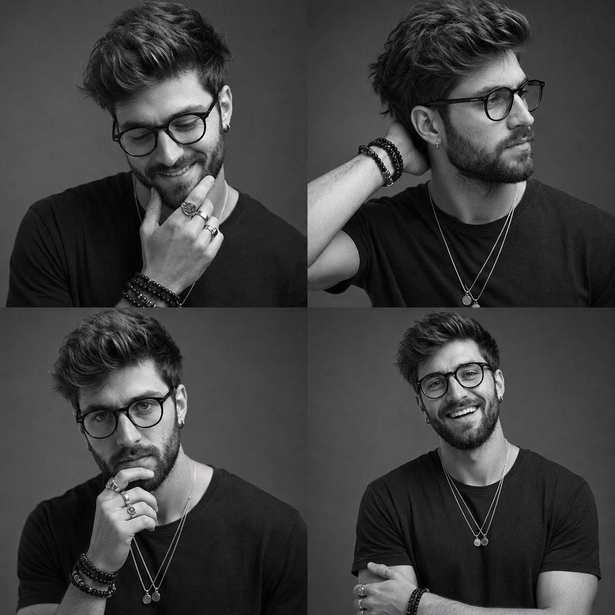 Monochrome Fashion Studio Portrait Contact Sheet — AI image template example