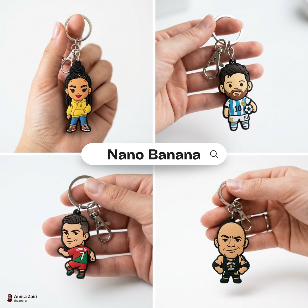 Close-up photo of a cute, colorful rubber keychain held gently — AI image template example