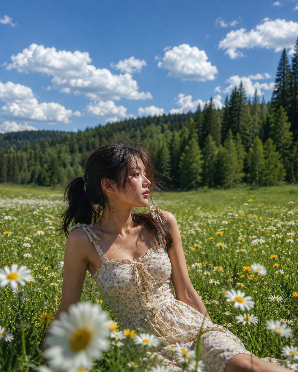 Editorial Fashion Portrait in Wildflower Meadow — AI image template example