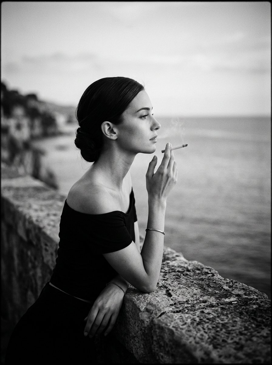 Cinematic Black and White Seashore Portrait — AI image template example