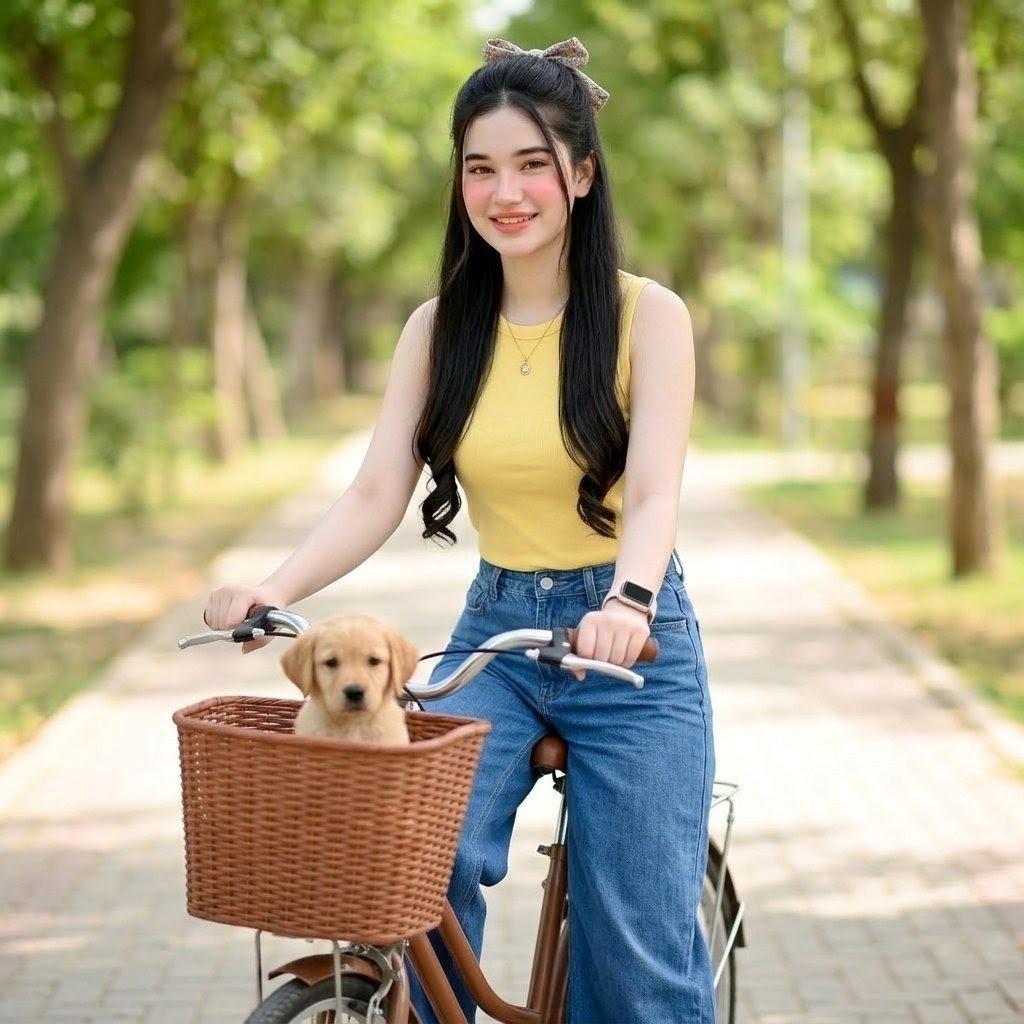 Woman Cycling With Dog in Park