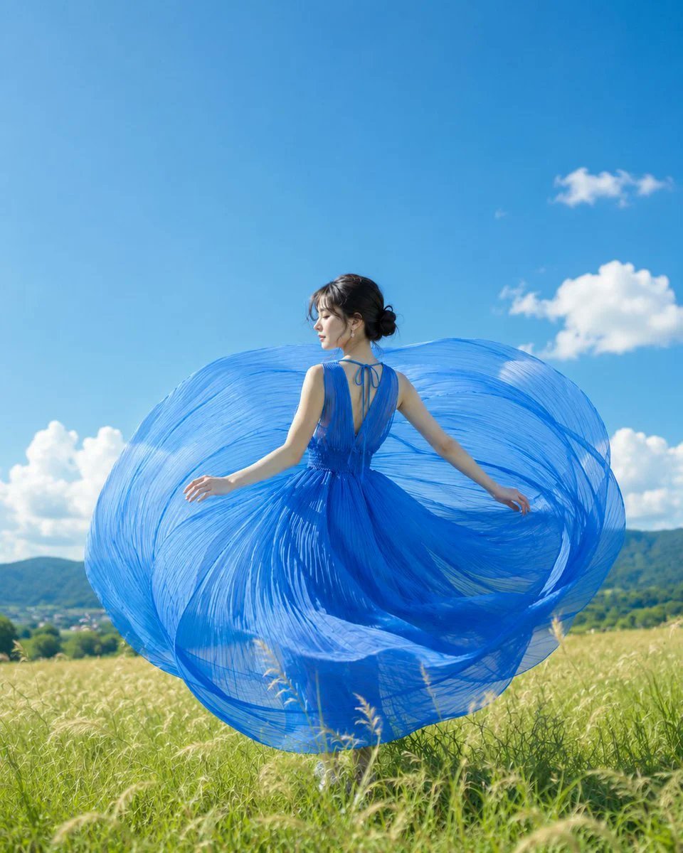 Woman in Blue Dress in a Summer Meadow — AI image template example