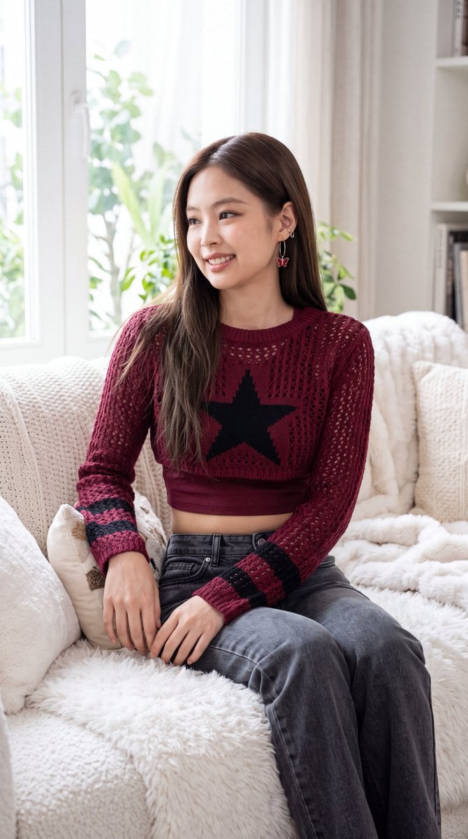 East Asian Fashion Portrait on Sofa — AI image template example