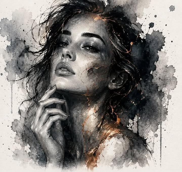 Monochrome Watercolor Kintsugi Portrait — AI image template example