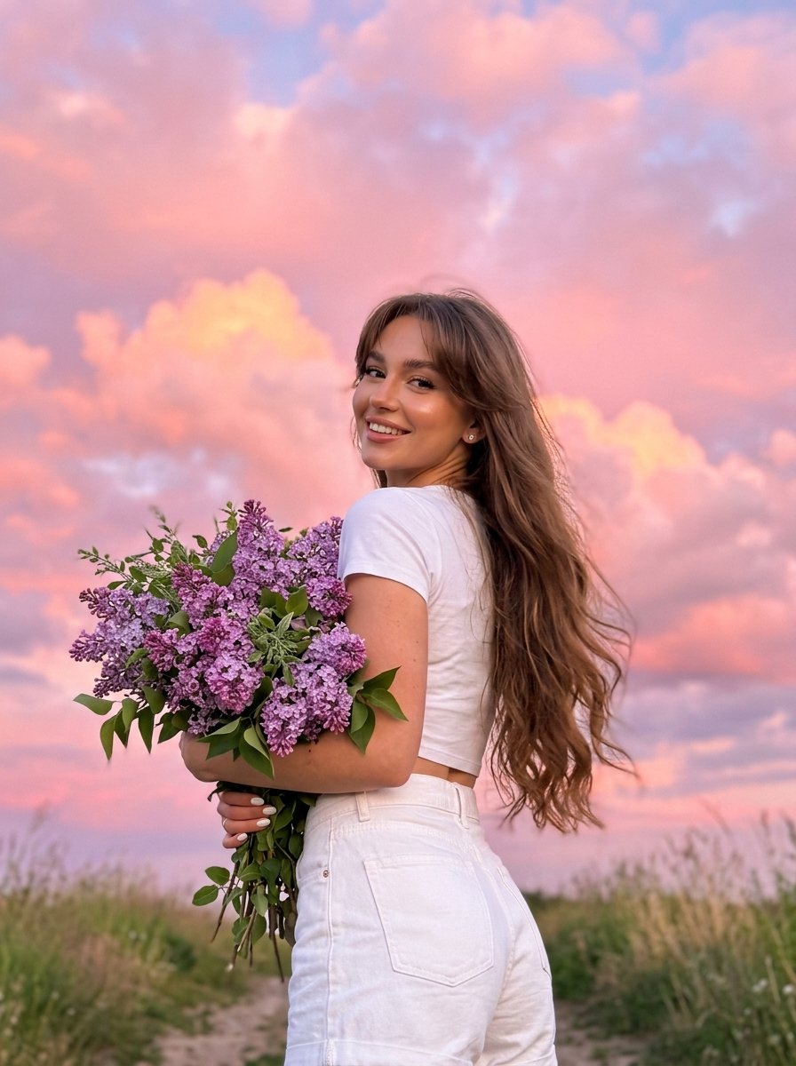 Lilac Bouquet Sunset Aesthetic — AI image template example
