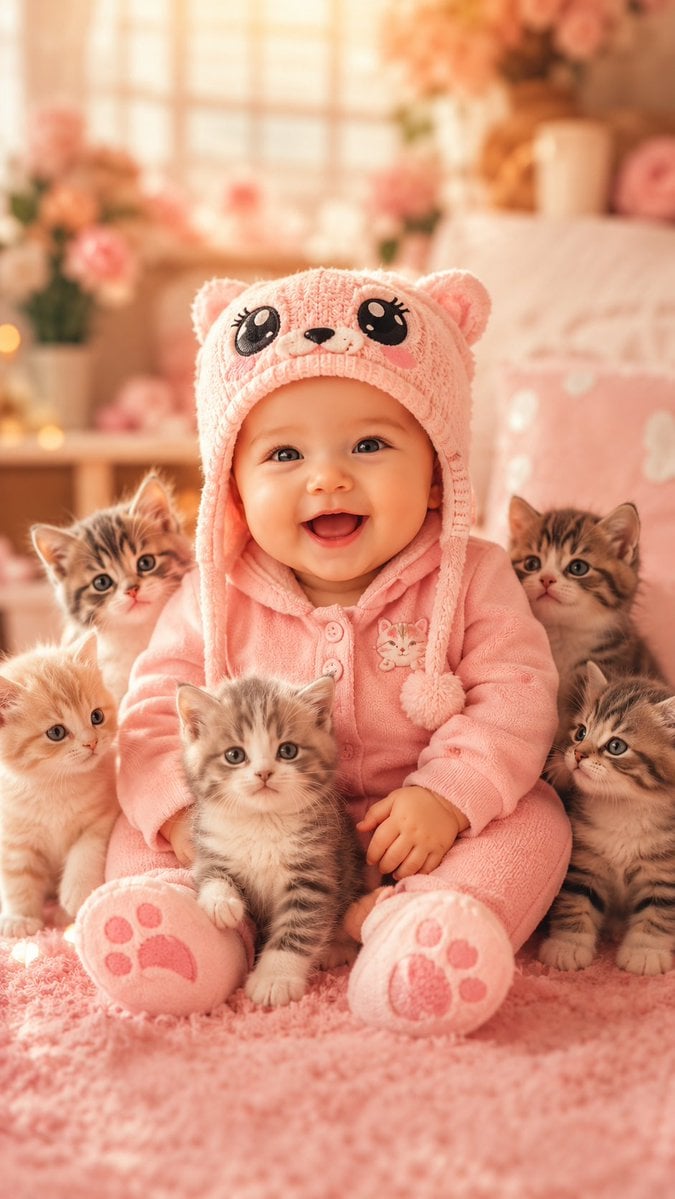 Smiling Baby With Five Kittens