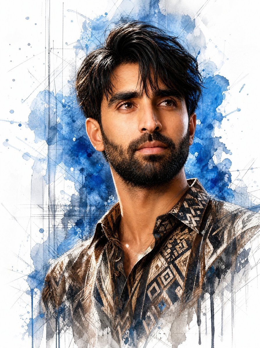 Mixed-Media Watercolor Male Portrait — AI image template example