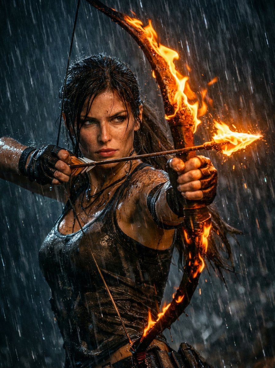 Lara Croft with Fiery Bow in Heavy Downpour