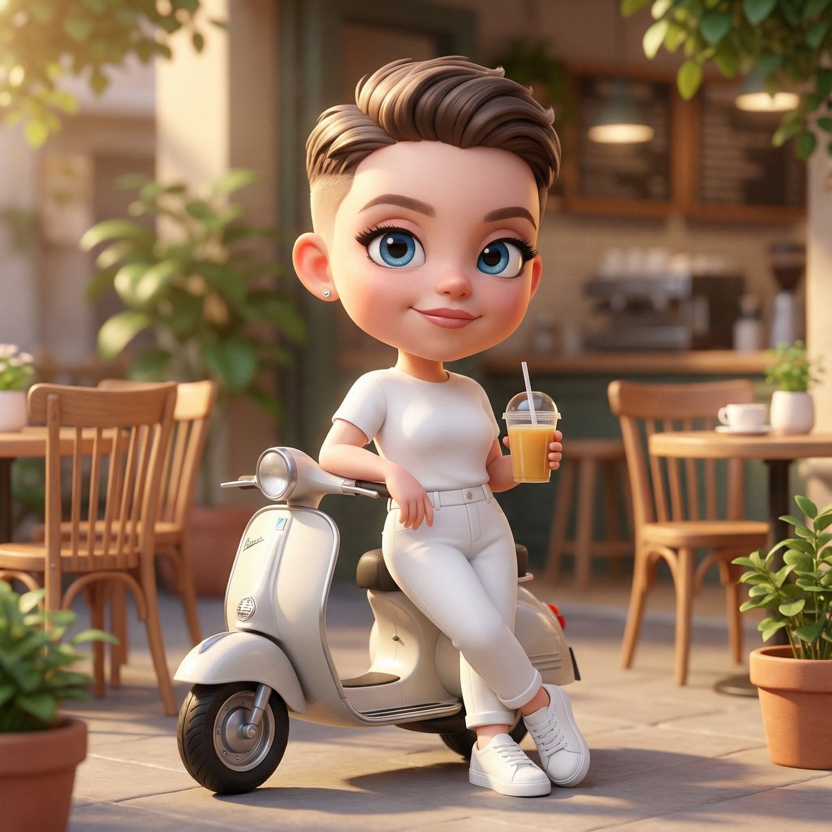 A cute 3D chibi-style character of the uploaded image leaning against