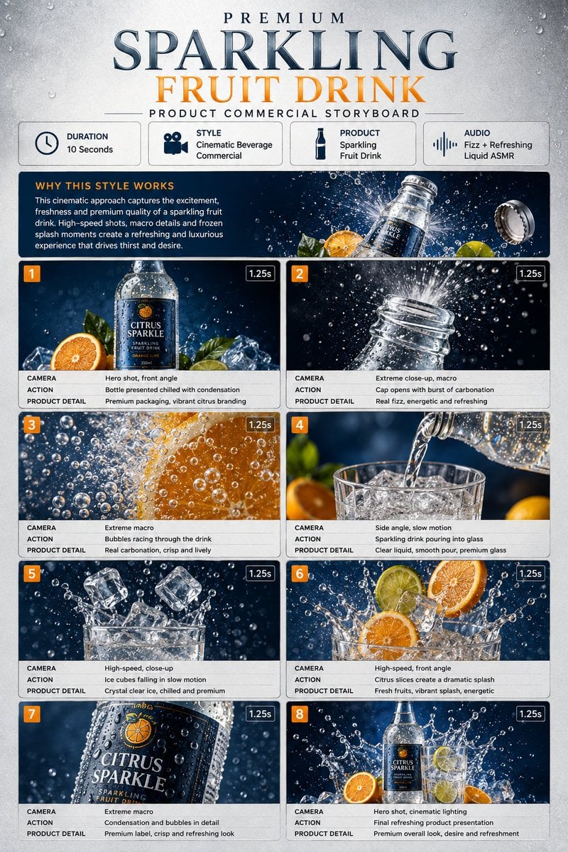 Premium Beverage Commercial Storyboard — AI image template example