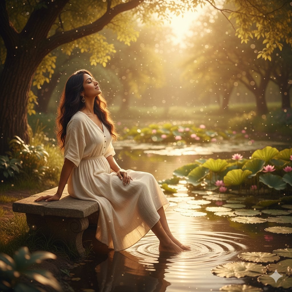 Unfolds beside a tranquil pond, where gentle ripples catch the warm