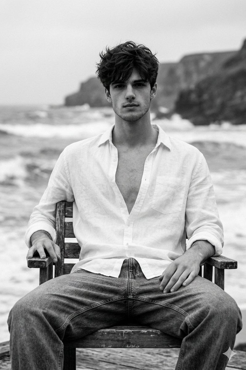 Black and White Portrait of Man by the Seashore
