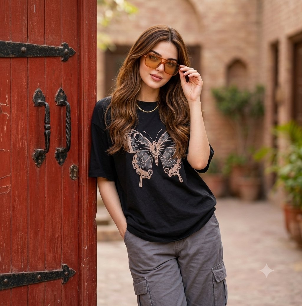 Fashion Street Butterfly Tee Portrait — AI image template example