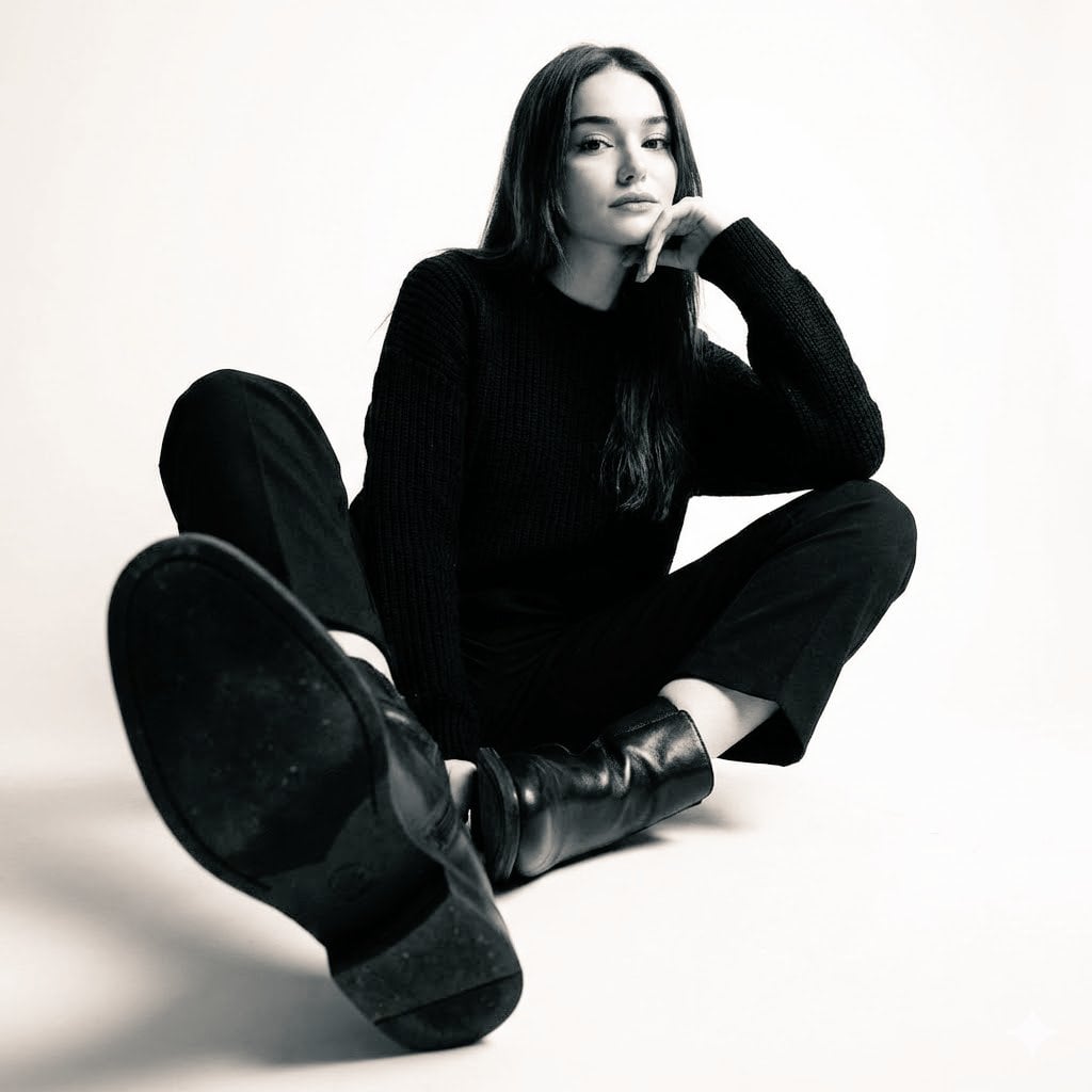 High-contrast black-and-white studio photo of a woman seated