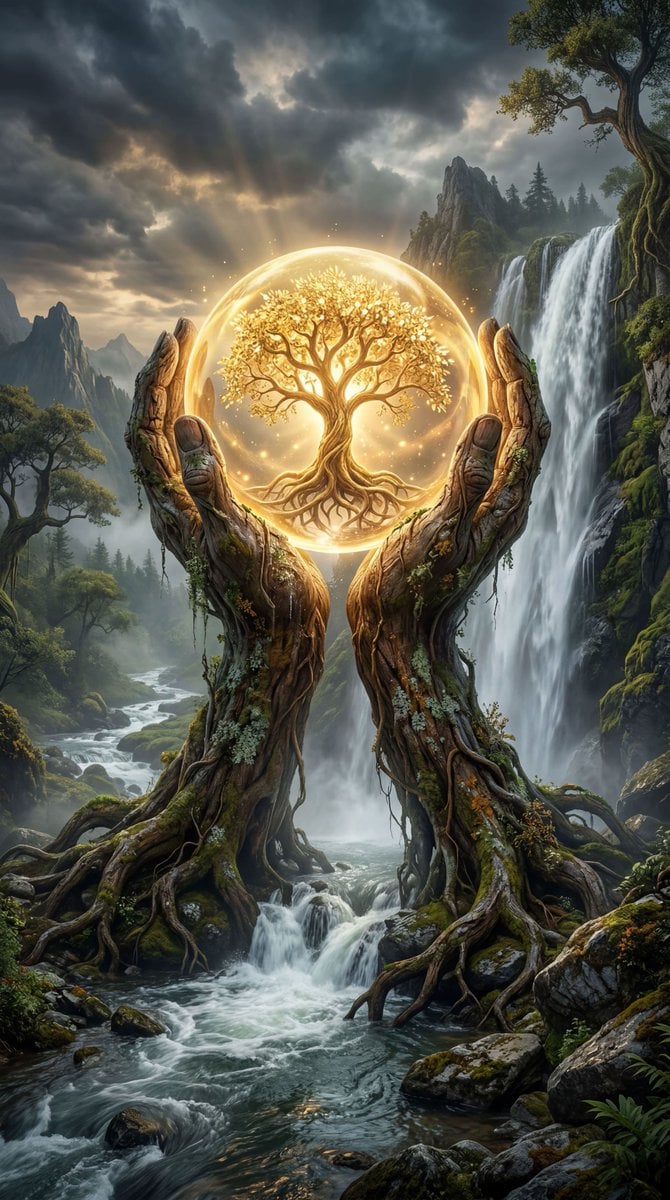 A majestic, ancient gnarled tree with thick, twisting roots sits