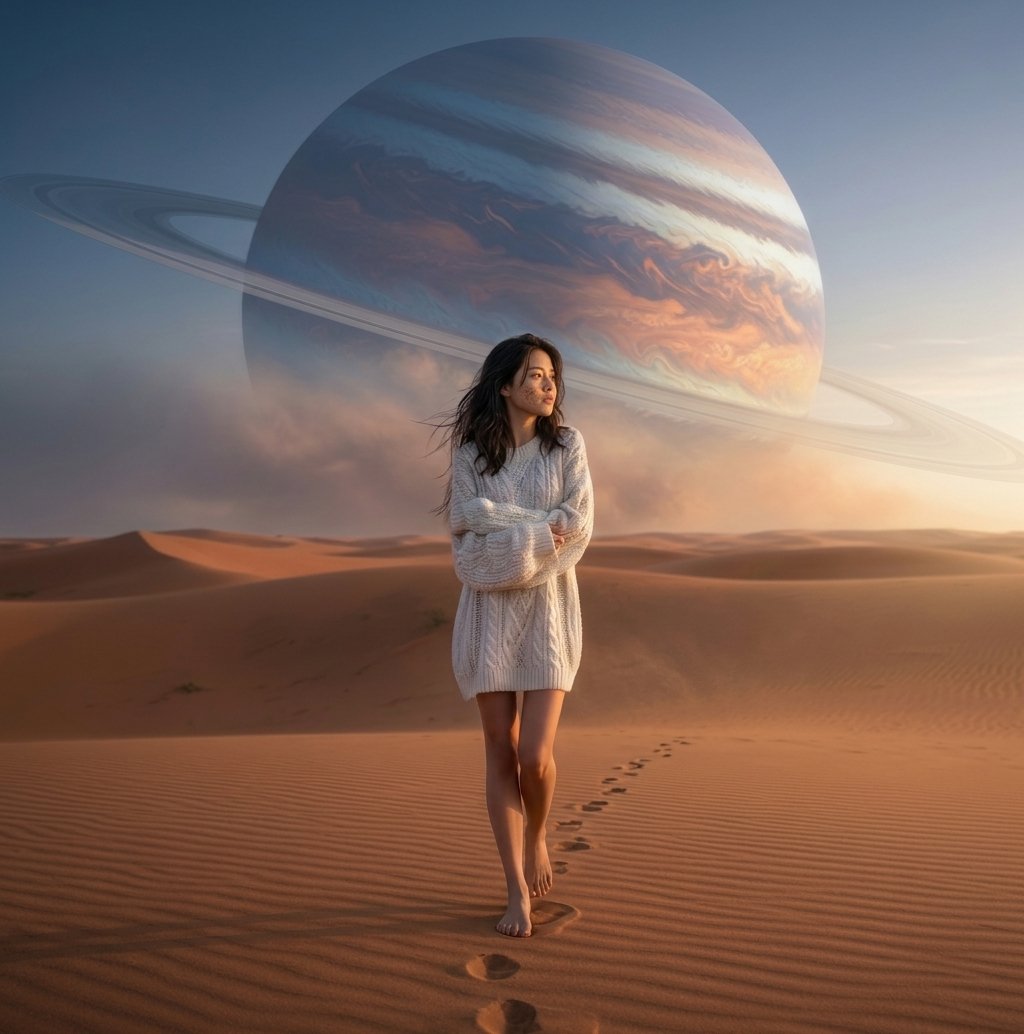 Hyper-Realistic Desert Portrait with Planet