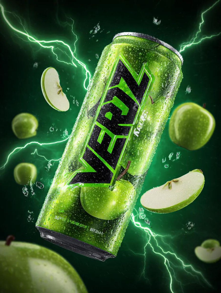 Energy Drink Can with Green Apple Splash and Neon Lightning