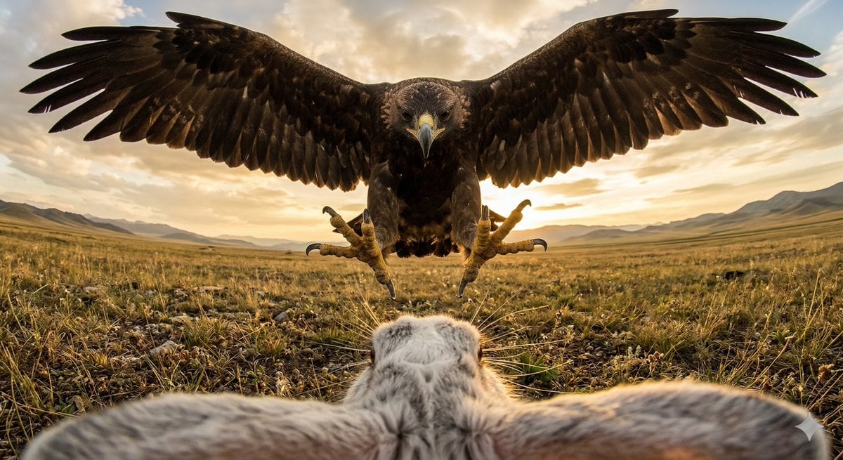 Ultra wide-angle cinematic photo of a rabbit and eagle