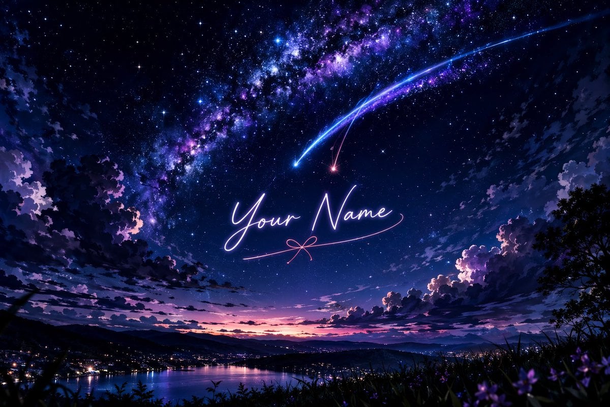 Anime Starry Night Sky with Custom Neon Text reference image 1