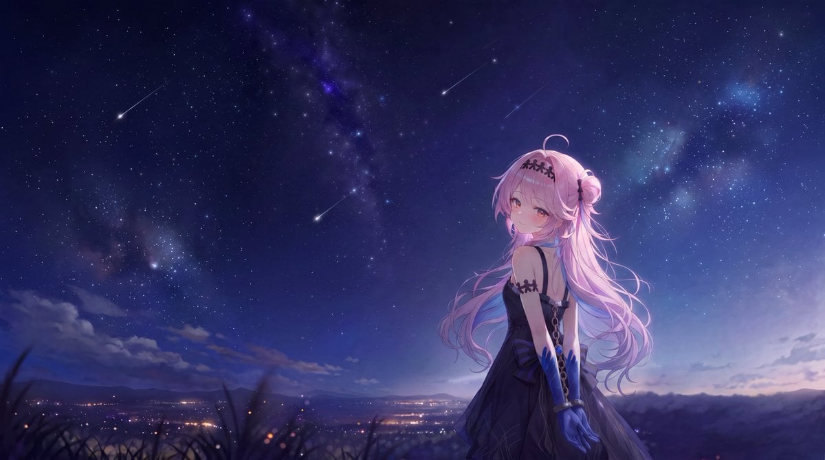 Anime Girl Under Meteor Starry Sky