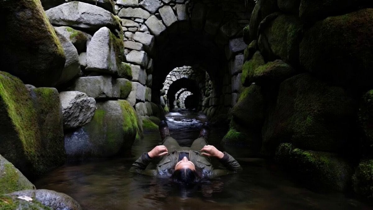 Woman Pulled Deep into a Winding Tunnel
