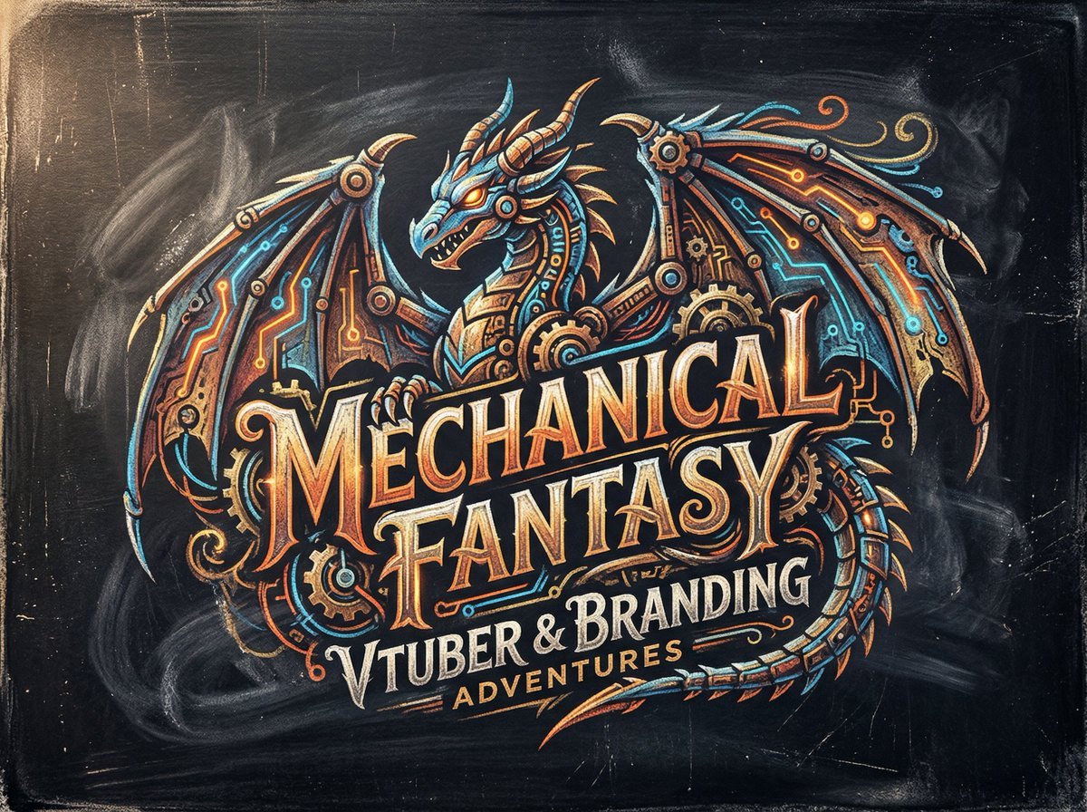 Chalk-Art Fantasy Logo with Mechanical Dragons