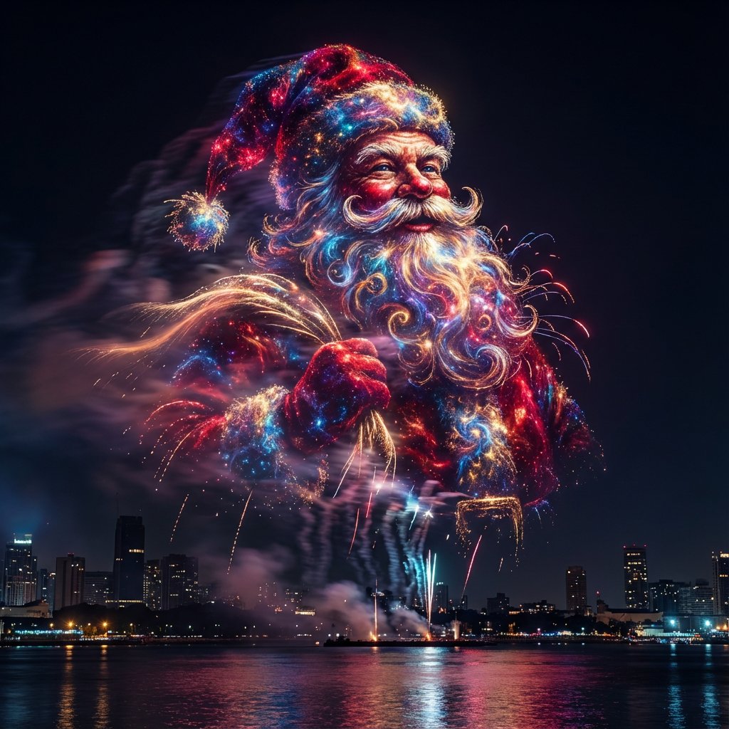 Santa Claus Fireworks over City Skyline