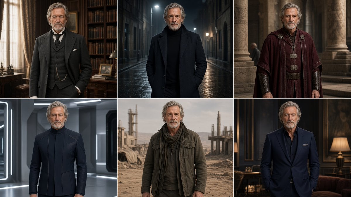Six-Panel Cinematic Character Variations