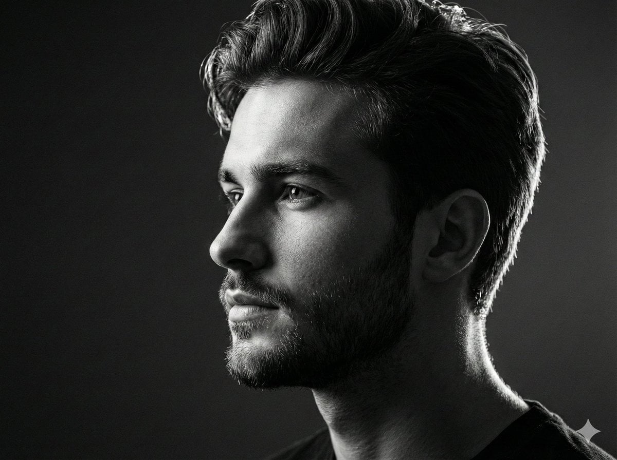 Black and white studio side-profile portrait prompt