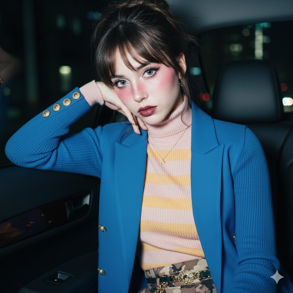 Ethereal Doll-like Portrait in a Night Car Interior