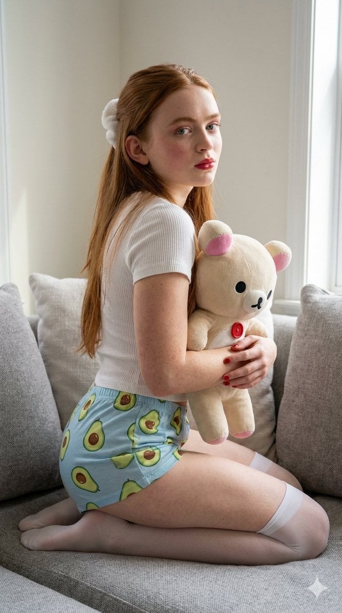 Ginger Woman with Teddy Bear — AI image template example