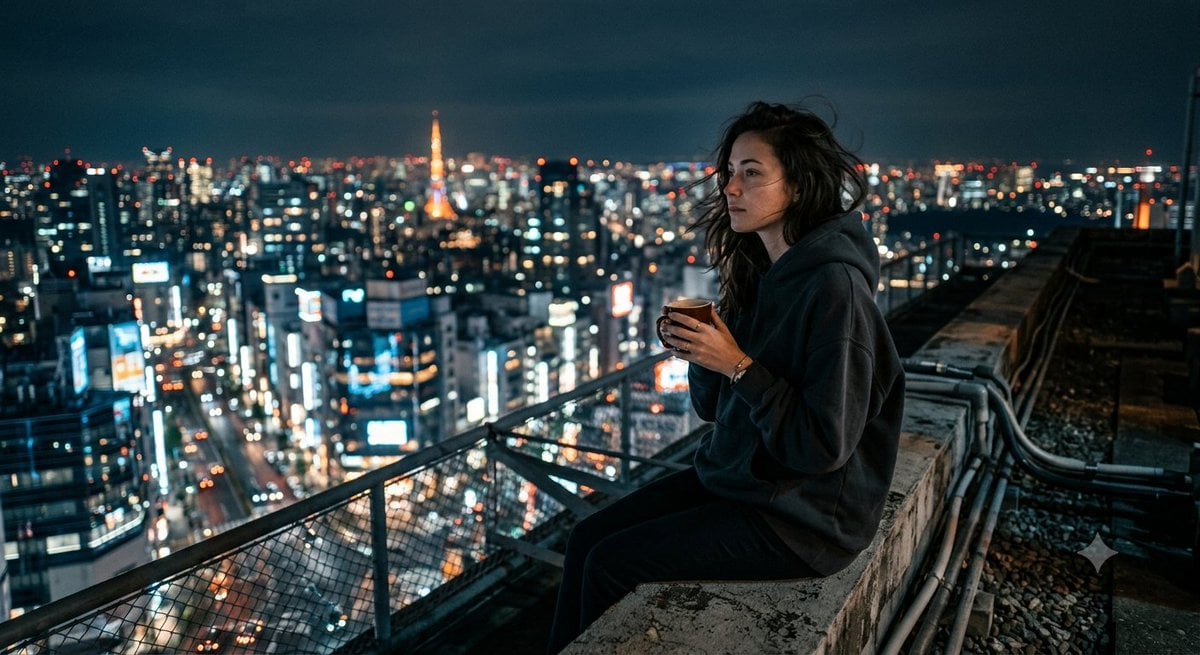 Night City Rooftop Cinematic Portrait — AI image template example