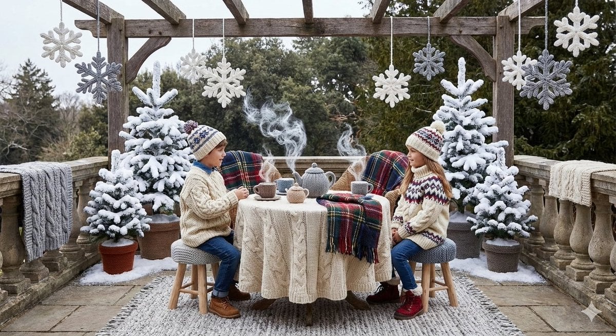 Knitted Terrace Scene with Cable-Knit Textures