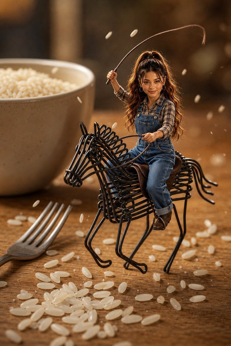 Miniature Cowgirl on Wire Horse — AI image template example